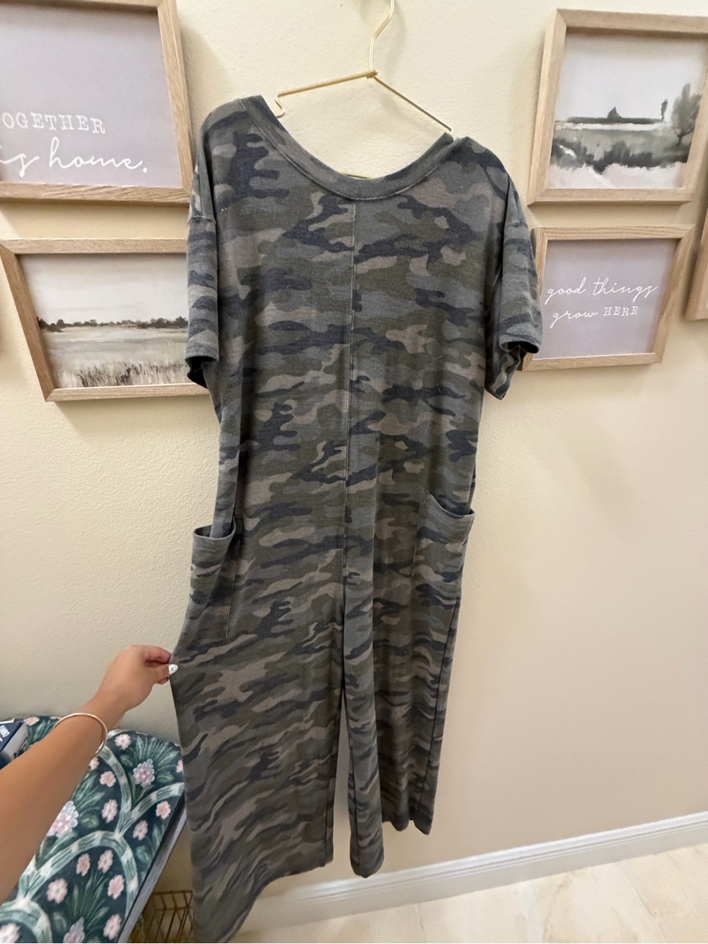 Camo Short-Sleeve Wide-Leg Jumpsuit with Pockets - Olive Camo